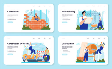 Fototapeta na wymiar Constructor web banner or landing page set. House and road building process