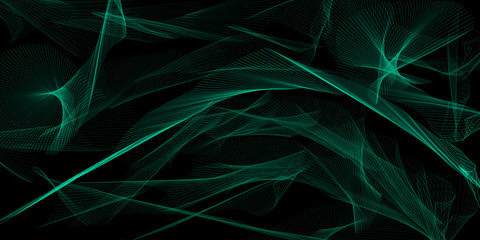 Turquoise network on a black background. green dynamic lines on a dark texture. virtual reality concept. 3d image. radio waves illustration