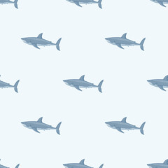 White shark seamless pattern in scandinavian style. Marine animals background. Vector illustration for children funny textile.