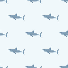 White shark seamless pattern in scandinavian style. Marine animals background. Vector illustration for children funny textile.