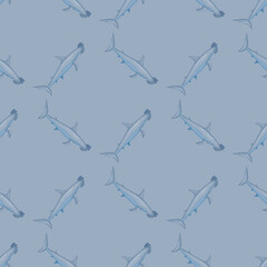 Hammerhead shark seamless pattern in scandinavian style. Marine animals background. Vector illustration for children funny textile.