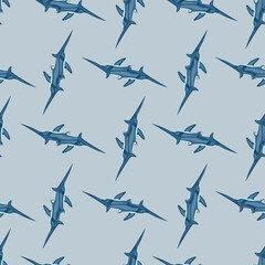 Thresher shark seamless pattern in scandinavian style. Marine animals background. Vector illustration for children funny textile.