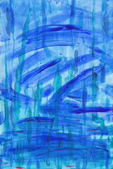 Abstract acrylics drawing in light blue and turquoise colors. Peaceful underwater landscape. Original artwork with real brush strokes texture. Use for wall decoration, print, card, poster, wallpaper.