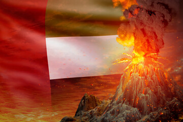 conical volcano blast eruption at night with explosion on United Arab Emirates flag background, suffer from eruption and volcanic earthquake conceptual 3D illustration of nature