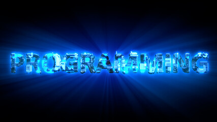 Programming glowing blue digital cyber text, isolated - industrial 3D illustration