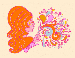 hippie girl blowing soap bubbles, vector illustration, 70s art