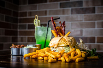 Perfect Burger Classic Bacon Homemade Artisan Tomato Sauce Sausage Melted Cheese Milk Shake Onion Chicken Meat Pasta Shrimp Restaurant Menu Gourmet on a wooden table