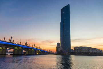 Dubai, UAE - 12.20.2021 Dubai D1 tower in Business bay crossing. City