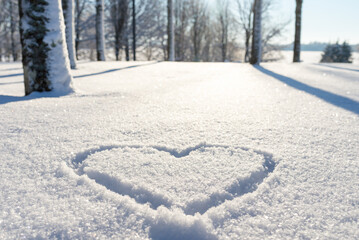 Fototapeta na wymiar Nice heart shape on the fresh snow winter lanscape,park or forest.