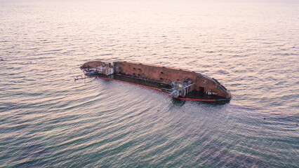Shipwreck, overturned old rusty barge lying on its side in the water. Drone view.