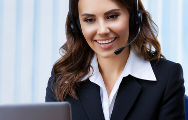 Customer support female phone operator or sales agent in headset and black suit, working with...