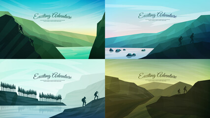 Vector illustration. Backgrounds set. Concept of discovery, exploration, hiking, adventure tourism and travel. Mountain and hills landscape. Flat design for web banner, website template. Panorama