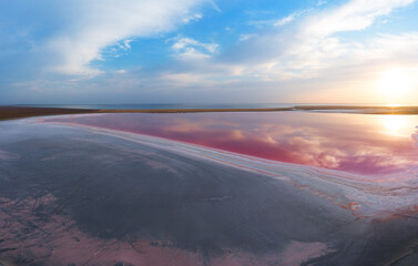 Salty pink lake with healing water. Drone view.