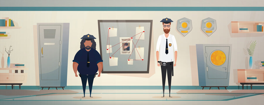 Policemen or militiamen in Police station or department, investigation office room interior, cartoon illustration. Vector