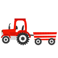 Red tractor in cartoon style isolated on white background, farm transport, rural lifestyle concept for children books or posters