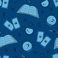 magic and divination bright seamless pattern with tarot cards on a blue background in flat style