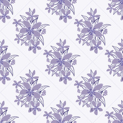 Jasmine floral bouquet seamless vector pattern background. Line art hand drawn groups of flowers, leaves with dotted diamond shaped frames. Periwinkle purple backdrop.Elegant botanical grid repeat