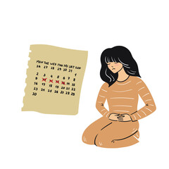 Woman suffering from abdominal pain, menstrual cycle. PMS, menstruation, calendar. Stock vector illustration isolated on white background.