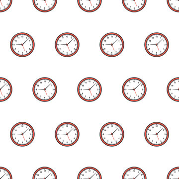 Clocks Seamless Pattern On A White Background. Watch Time Clock Theme Vector Illustration