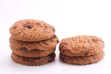 Choco chip cookies, Tasty sweet biscuit chocolate pastry, Isolated on white background 
