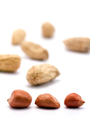 Dried peanuts in closeup on white background