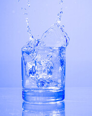 ice cubes falling into glass of water with splash