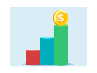 Vector of financial chart bars growing up with a dollar coin on top on blue background