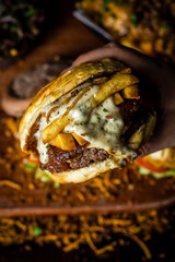 Perfect Burger Classic Bacon Homemade Artisan Tomato Sauce Sausage Melted Cheese Milk Shake Onion Chicken Meat Pasta Shrimp Restaurant Menu Gourmet on a wooden table