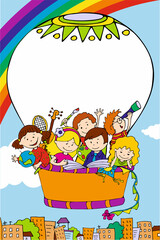 01_Postcard banner with sky clouds and rainbow_children in a hot air balloon with a hobby over the city_space for text