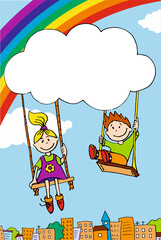 Plakat 05_Postcard banner with sky clouds and rainbow and funny kids on a swing with a smile and joy_space for text