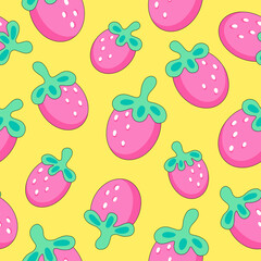 Seamless pattern with cute cartoon strawberries on yellow background
