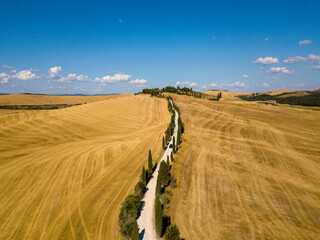 Drone Aerial beautiful tuscany countryside landscape with medieval village town in Tuscany. South of Siena, Italy