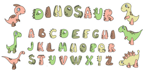 Children poster with English alphabet and 6 dinos. Vector cartoon illustrations in light green, brown and beige colors for print, kids room decor and your design.