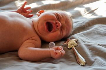 Crying newborn child baby on a bed with an iron silver rattle and a pacifier. High quality photo