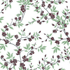 seamless pattern of flowers, branches and leaves
