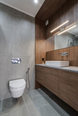 Grey modern toilet with wooden furniture and white toilet