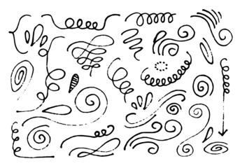 Hand drawn vector sketchy Doodle cartoon set of curls and swirls decorative elements for concept design
