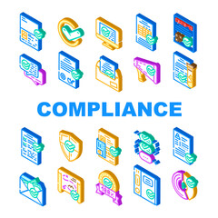 Compliance Quality Procedure Icons Set Vector. Compliance Passport And Covid Certificate, Approval Conversation And Check List, Cv And Documentation Isometric Sign Color Illustrations