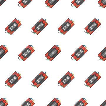 Dynamite Bomb Seamless Pattern On A White Background. Explosive Dynamite, Grenade, And Bomb Theme Vector Illustration