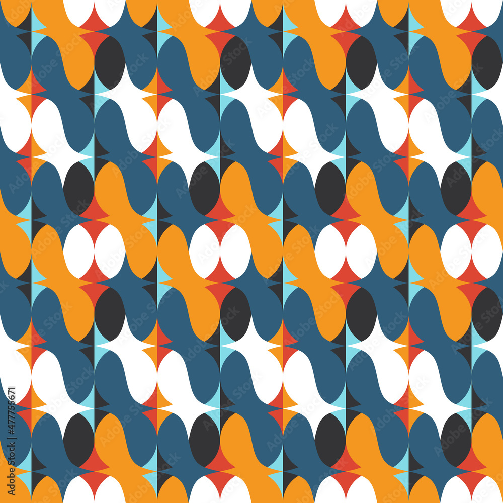 Poster Multicolored seamless pattern with repeating shapes made up of circle bends. Multicolored texture of abstract type from decor forms.