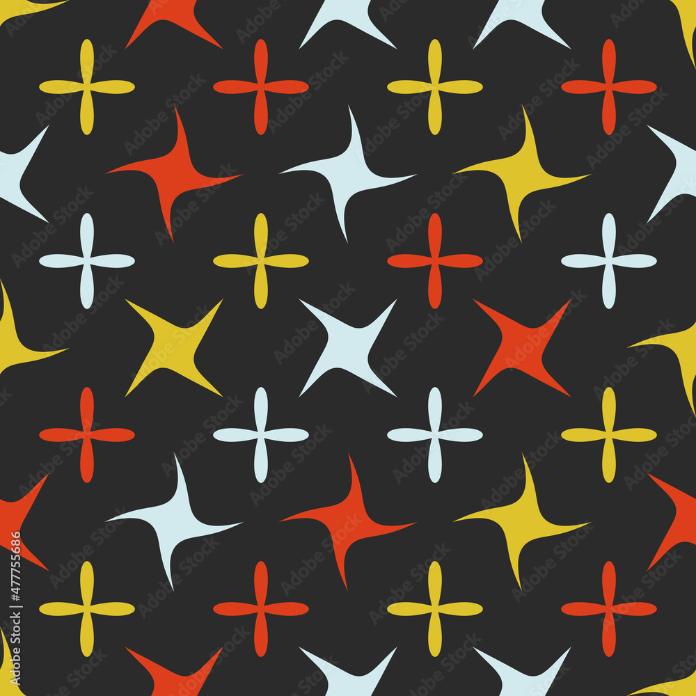Aufkleber Childish style pattern of red and yellow shapes with which there are white ones. Shurikens and propellers create a seamless abstract pattern.
