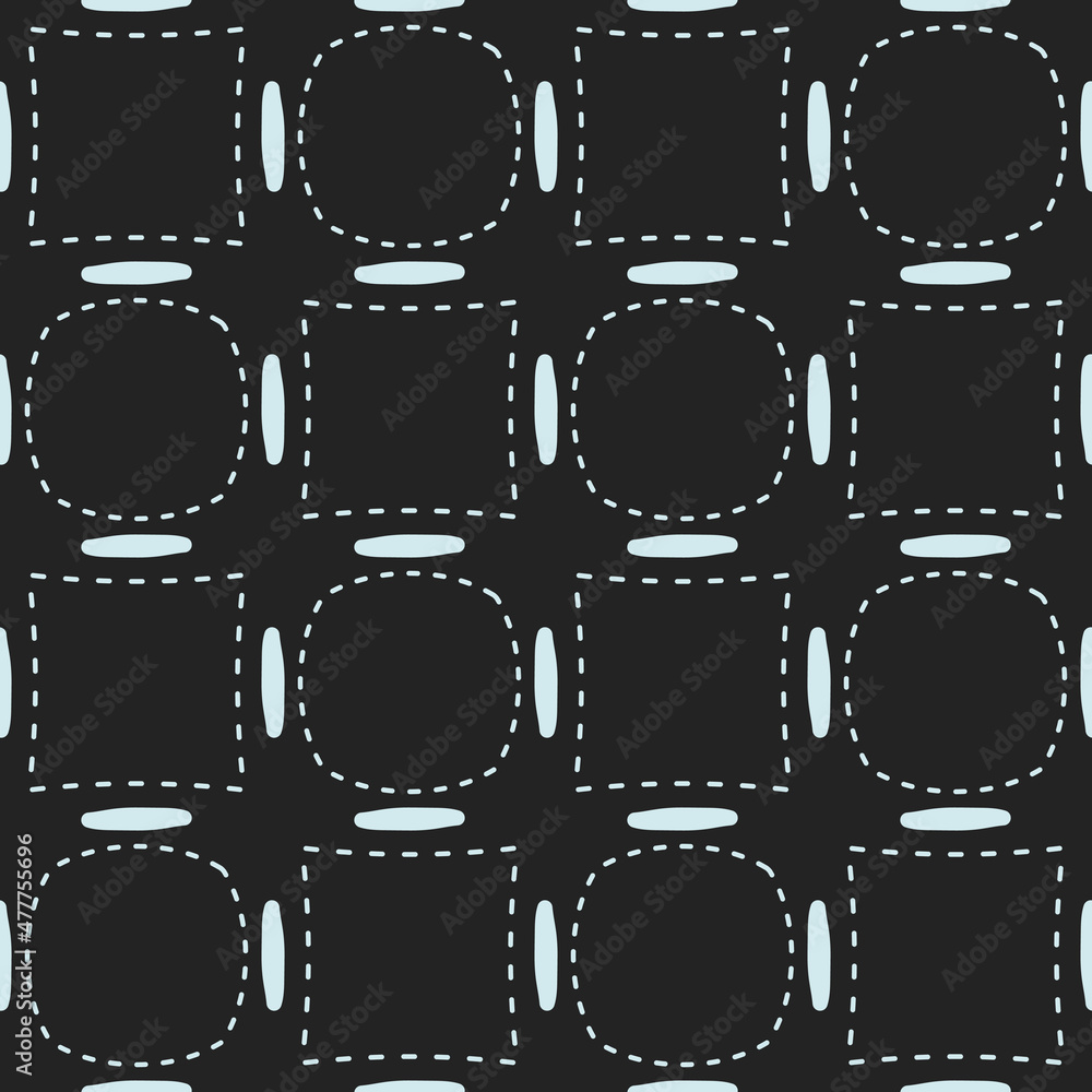 Poster dotted squares and circles in white and black background. seamless decor of primitive circle and squ