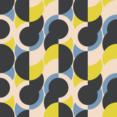 Geometric avant-garde pattern reminiscent of early twentieth century style and retro style décor. Yellow and blue colors of circles and halves of roundness.