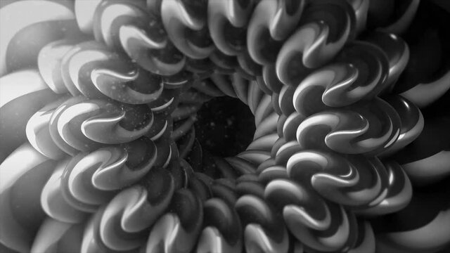 Grey monochrome floral spiral shapes in looped animated background. Motion. Transforming black and white fractals.