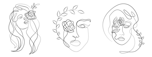 Women's face in one line art style with flowers and leaves. Continuous line art in elegant style for prints, tattoos, posters, textile, cards etc. Vector illustration