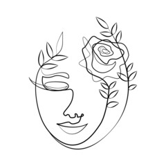 Women's face in one line art style with flowers and leaves. Continuous line art in elegant style for prints, tattoos, posters, textile, cards etc