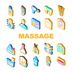Massage Accessories And Treatment Icons Set Vector. Shiatsu Massage Physiotherapy And Acupuncture, Water And Stone For Massaging, Masseur Business And Occupation Isometric Sign Color Illustrations
