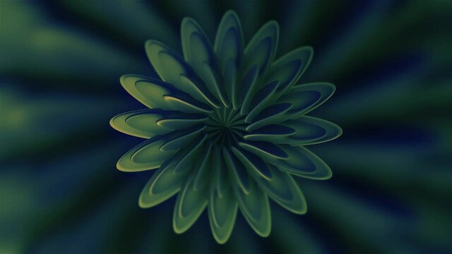 Beautiful 3d flower rotating in center. Motion. 3D flower with rotating and changing petals. Hypnotic flower with changing petals