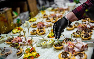 Chef hand is in process of Preparing catering food