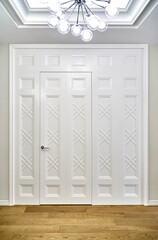 Stylish walk in wardrobe separated from light entry room by elegant wall panel with closed door in stylish renovated apartment